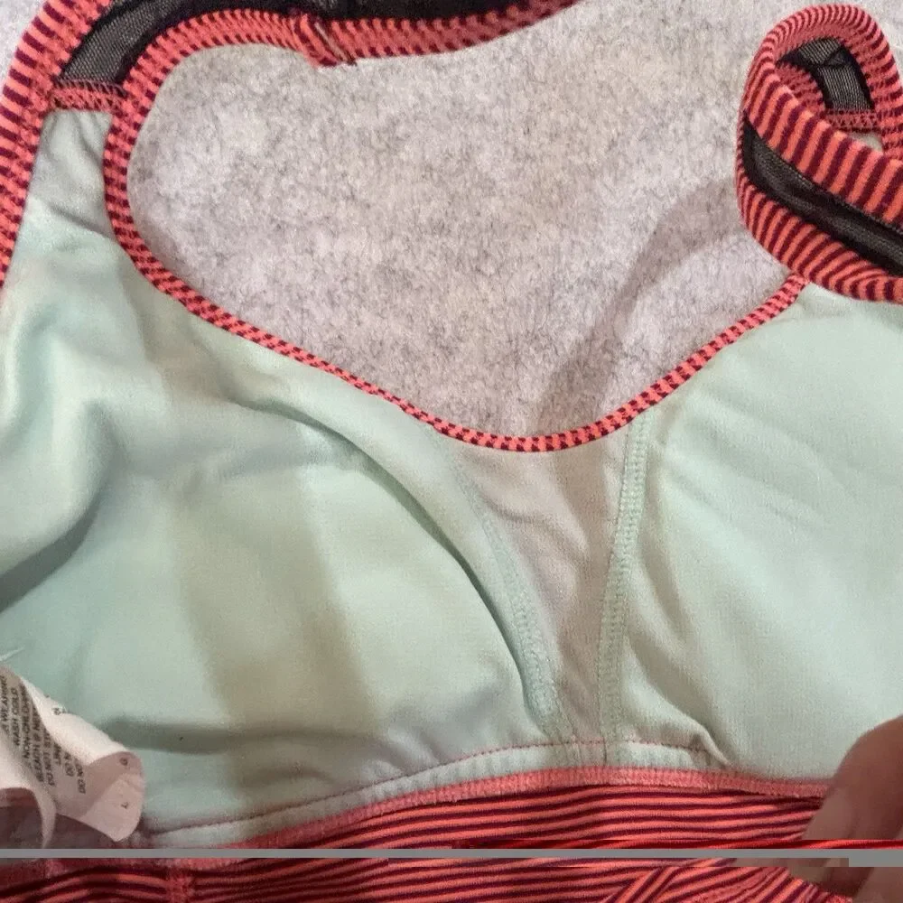 NIKE Women’s L Tankini Swim Top Coral Striped Racerback Built In Shelf Bra